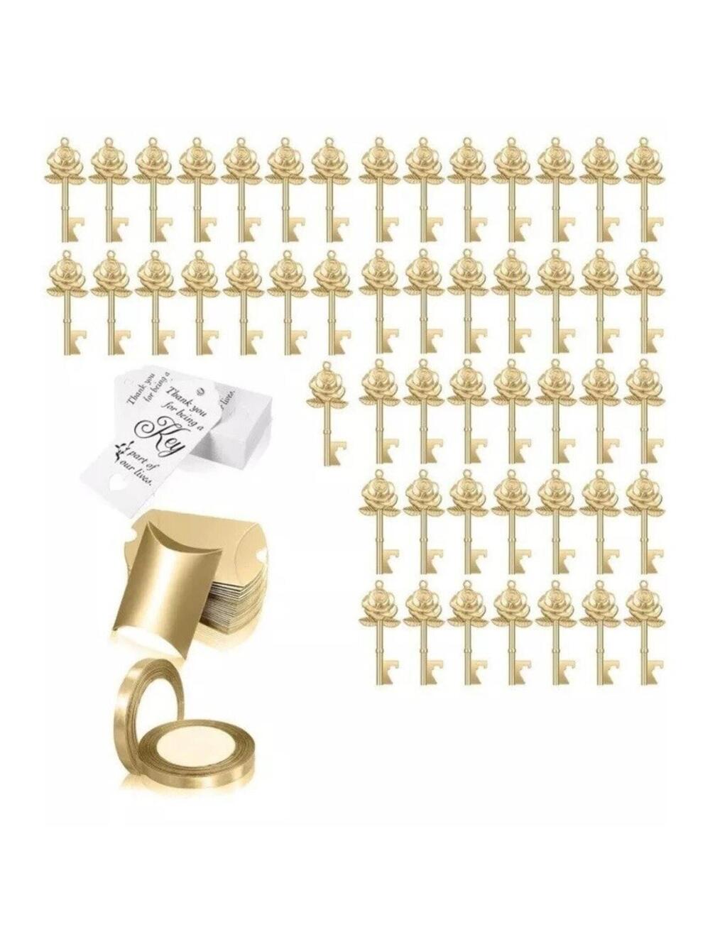 Wedding Invitations Guest Gifts Gold Rose Keys w Thank You Cards Goodie 50pc New